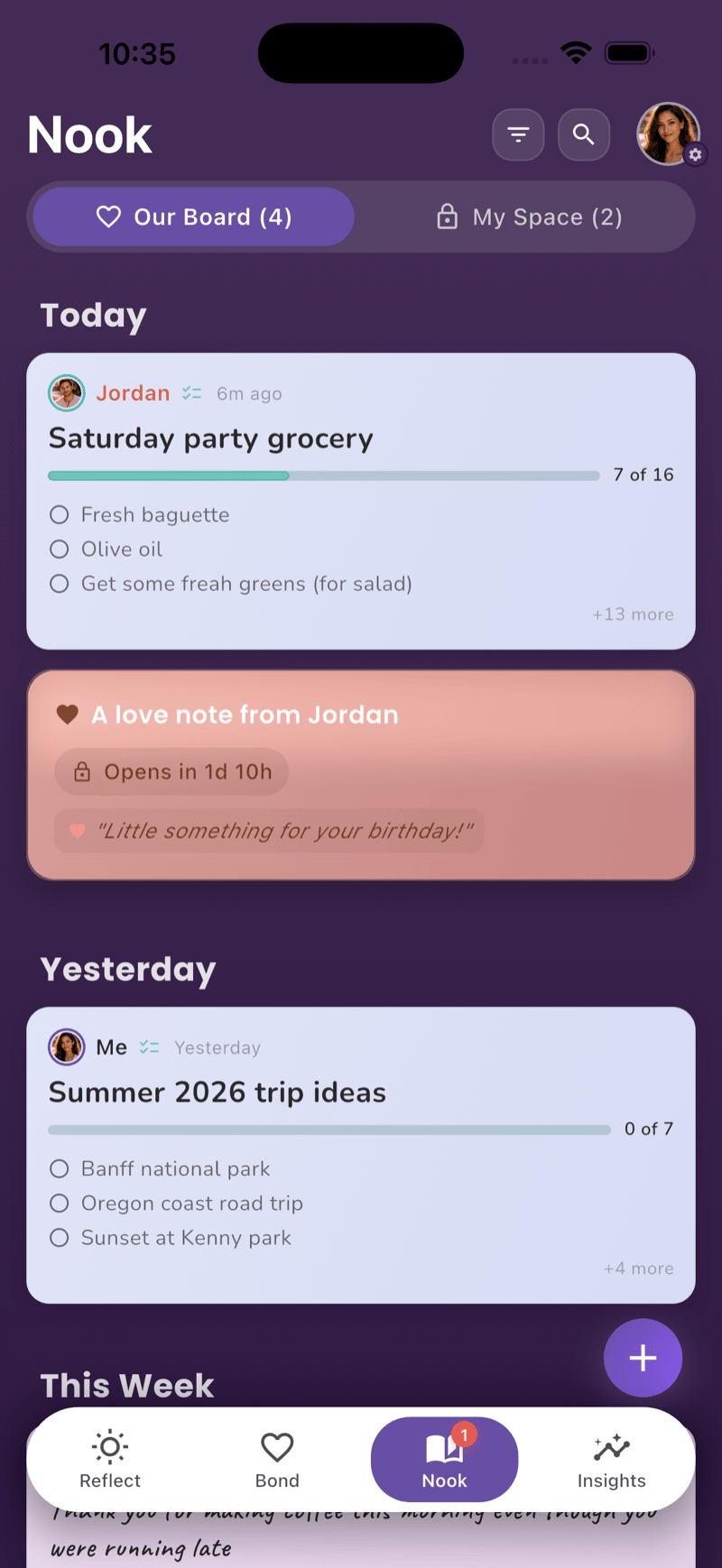 Nook shared board with love notes and checklists